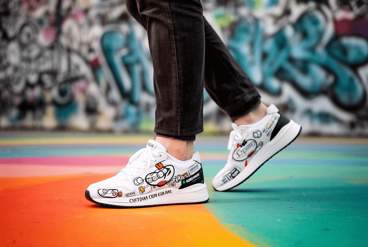 sneakers publicitaires avec logo porté dans décor urbain